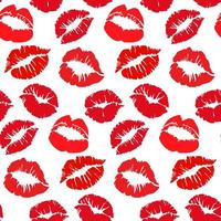 Seamless pattern with lipstick prints on a white background in red shades. Red lips as a background for gift wrapping. Suitable for printing on paper and textiles. vector