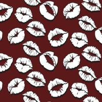 Seamless pattern with white lipstick prints on a burgundy background with shadows. White lips with shadows as a background for gift wrapping. Suitable for printing on paper and textiles. For Valentine vector