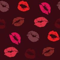 Seamless pattern with lipstick prints on a dark background in different red shades. Red lips as a background for gift wrapping. Suitable for printing on paper and textiles. vector