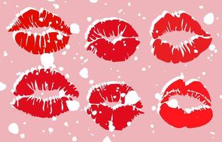 A set with red lipstick prints on a white background with noise. Lips with noise in shades of red, background for packaging. Suitable for printing on paper and textiles. For Valentine's Day. vector