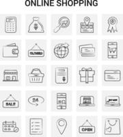 25 conjunto de iconos de compras en línea dibujados a mano fondo gris garabato vectorial vector