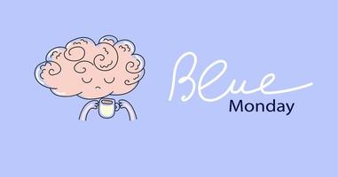 Cute funny brain character  tired and sleepy. Blue monday concept. Vector doodle flat cartoon  illustration for banner social media