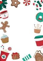 Cute Christmas frame with hot drinks, gingerbread cookies, and cupcakes on white background. Winter holidays, for kids, treats, New Year, Christmas market. Greeting card, banner vector