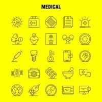 los iconos de línea médica establecidos para infografías kit uxui móvil y diseño de impresión incluyen pulso de pulso de computadora medicamento médico píldoras médicas conjunto de iconos de hueso vector