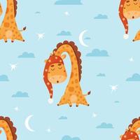 Seamless pattern with cute sleeping animal giraffe on blue background with clouds and moon. Vector illustration for kids collection, decor, packaging, design, print, wallpaper.