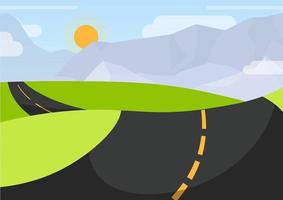 Road in perspective by mountains and sun vector