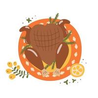 Roast Turkey or chicken on the plate with herbs and lemon for Thanksgiving dinner. Thanksgiving turkey food hand drawn in cute cartoon style. Top view vector illustration. Turkey isolated element.