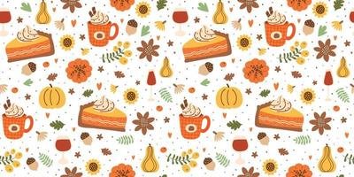 Autumn pumpkin pie slice and pumpkin spice latte seamless pattern decorated fall leaves, flowers, acorns, botanical berry. Fall season food illustration in vector is great for Thanksgiving day.