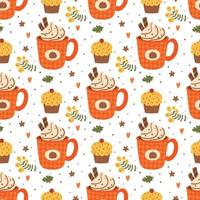 Pumpkin spice latte pattern hand drawn fall season seamless background with cup of hot drink, cupcake, berry vector illustration. Cute cartoon cozy autumn hot drink print, poster, wallpaper, textile