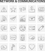 25 iconos de red y comunicación dibujados a mano conjunto de garabatos vectoriales de fondo gris vector