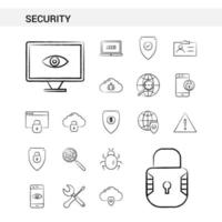 estilo de conjunto de iconos dibujados a mano de seguridad aislado en vector de fondo blanco