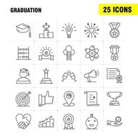 los iconos de la línea de graduación establecidos para el kit uxui móvil de infografía y el diseño de impresión incluyen bebida de vidrio, atención médica, mapa de graduación, ubicación, medalla, premio, icono, conjunto, vector