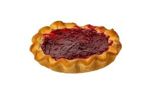 pie with curd filling and raspberries on white background photo