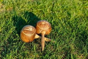 las maracas cubanas yacen sobre la hierba verde. foto