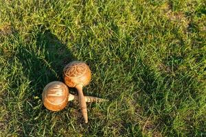 Cuban maracas lie on the green grass. photo