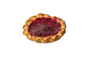 pie with curd filling and raspberries on white background photo