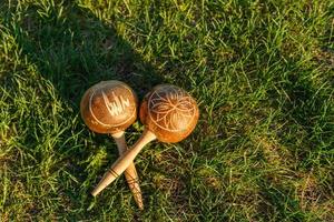 Cuban maracas lie on the green grass. photo