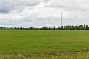 cell tower in the village, green field and cell tower against a cloudy sky photo