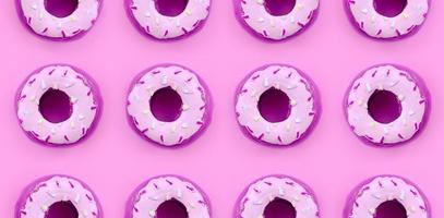 Many small plastic donuts lies on a pastel colorful background. Flat lay minimal pattern. Top view photo