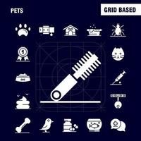 iconos de glifo sólido de mascotas establecidos para infografía kit de uxui móvil y diseño de impresión incluyen botella de medicina médica para mascotas bañera ducha conjunto de iconos de animales de mascotas vector