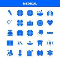 los iconos de glifo sólido médico establecidos para el kit de uxui móvil de infografía y el diseño de impresión incluyen el escáner médico del hospital estadística spa de piedra máscara de salud eps 10 vector