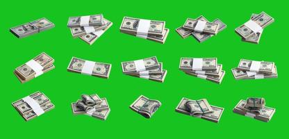 Big set of bundles of US dollar bills isolated on chroma key green. Collage with many packs of american money with high resolution on perfect green background photo