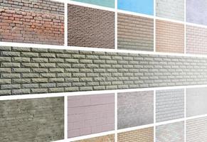 A collage of many pictures with fragments of brick walls of different colors close-up. Set of images with varieties of brickwork photo