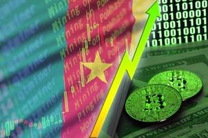 Cameroon flag and cryptocurrency growing trend with two bitcoins on dollar bills and binary code display photo