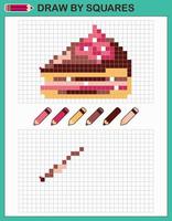 Copy the picture, draw by squares. Game for children draw cake by cells with color palette. Pixel art. Drawing and logic skills training. vector