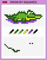 Copy the picture, draw by squares. Game for children draw crocodile by cells with color palette. Pixel art. Drawing and logic skills training. vector