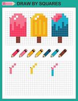 Copy the picture, draw by squares. Game for children draw ice cream by cells with color palette. Pixel art. Drawing and logic skills training. vector