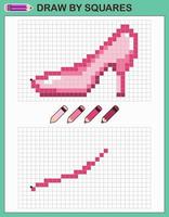 Copy the picture, draw by squares. Game for children draw shoe by cells with color palette. Pixel art. Drawing and logic skills training. vector