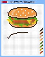 Copy the picture, draw by squares. Game for children draw burger by cells with color palette. Pixel art. Drawing and logic skills training. vector