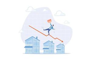 Housing price falling down, real estate and property crash, value drop or decline, home loan or mortgage risk concept, flat vector modern illustration