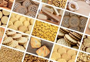 A collage of many pictures with various sweets close-up. A set of images with varieties of biscuits, bagels and candies photo