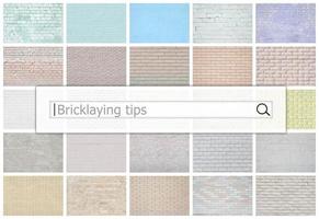 Visualization of the search bar on the background of a collage of many pictures with fragments of brick walls of different colors close up. Bricklaying tips photo