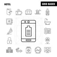 los iconos de la línea del hotel establecidos para el kit uxui móvil infográfico y el diseño de impresión incluyen el vector del conjunto de iconos de la celda móvil del hotel de la puerta de entrada y salida del hotel