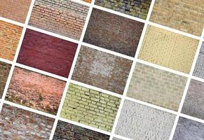 A collage of many pictures with fragments of brick walls of different colors close-up. Set of images with varieties of brickwork photo