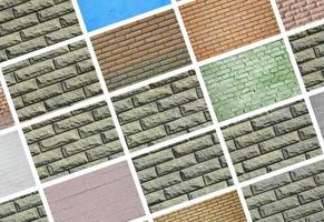 A collage of many pictures with fragments of brick walls of different colors close-up. Set of images with varieties of brickwork photo