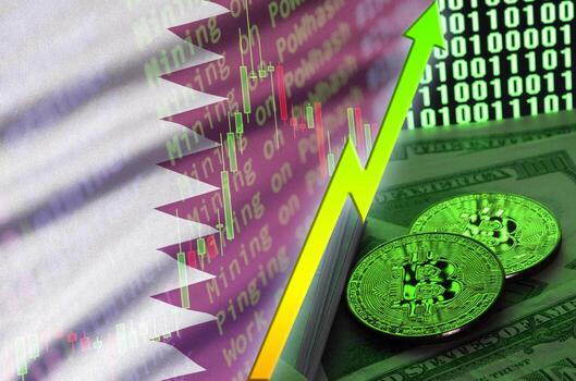 Qatar flag and cryptocurrency growing trend with two bitcoins on dollar bills and binary code display photo