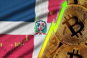 Dominican Republic flag and cryptocurrency growing trend with many golden bitcoins photo