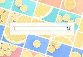 Visualization of the search bar on the background of a collage of many pictures with juicy oranges. Set of images with fruits on backgrounds of different colors photo