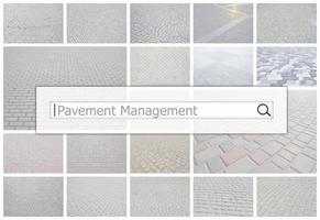 Visualization of the search bar on the background of a collage of many pictures with fragments of paving tiles close up. Pavement management photo