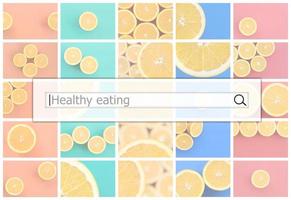 Visualization of the search bar on the background of a collage of many pictures with juicy oranges. Healthy eating photo