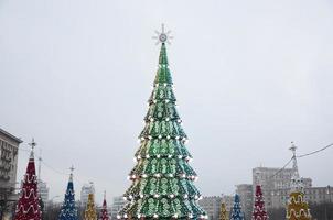 A huge artificial Christmas tree stands on the square of freedom in Kharkov, Ukraine. 2018 New Year photo