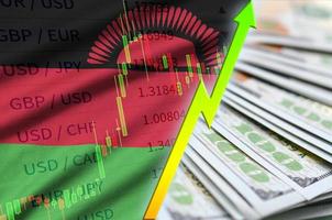 Malawi flag and chart growing US dollar position with a fan of dollar bills photo