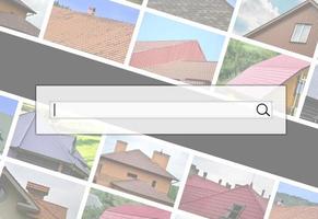 Visualization of the search bar on the background of a collage of many pictures with fragments of various types of roofing. Set of images with roofs photo
