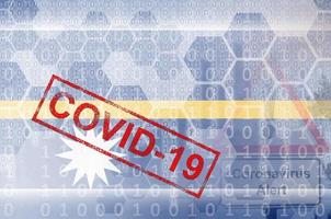 Nauru flag and futuristic digital abstract composition with Covid-19 stamp. Coronavirus outbreak concept photo