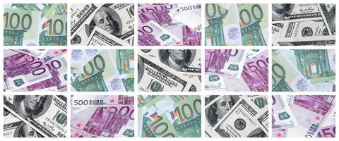 A collage of many images of euro banknotes in denominations of 100 and 500 euros lying in the heap photo