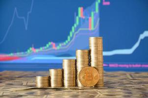 Closeup of bitcoin digital currency and coin money stacks photo